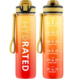 Water Bottles, 32 oz Motivational Water Bottle with Time Marking, Sports Water Bottle with Straw and Carry Strap, Tritan Leak-Proof BPA-Free, 1 Litre Water Bottles with Clean Brush for Fitness