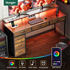 Huuger Gaming Desk with 6 Drawers, Computer Desk with LED Lights Power Outlets and Type-C, 55 Inch Office Desk with Storage, Monitor Stand, Writing Desk Work Desk for Home Office, Study, Rustic Brown