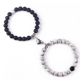 Matching Couple Bracelets Healing Crystal Bracelets for Couples Matching Heart Bracelet for Lover Him & Her Boyfriend Girlfriend Valentine's Day Gifts (White Turquoise+ Black Lava Rock Stone)