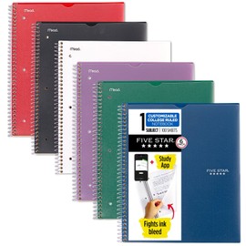 Five Star Cuaderno de espiral  aplicacin de estudio, paquete de 6, 1 materia, rayado universitario, 8-12 x 11 pulgadas, 100 hojas, combate el...      