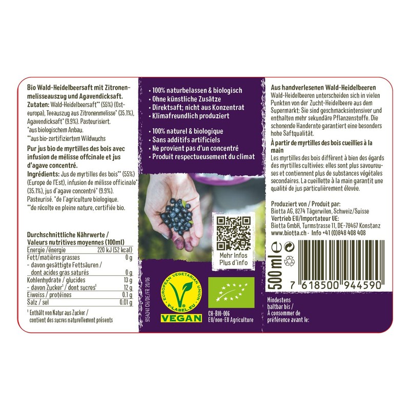 Biotta Blueberry Direkts.m.teaausz.+agave thicks. 500 ml