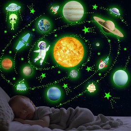 Glow in The Dark Stars Solar System Wall Decals, Sun and 8 Major Planets Stickers for Ceiling, Astronaut Rocket Wall Sticker Decor for Kids (Green)