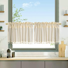 Beydodo Short Curtains, 45 cm, Net Curtain, Bistro Curtain, Boho, Semi-Transparent, Beige with Pattern, Geometry Kitchen Curtains, Country House Style, Set of 2, 90 x 45 cm