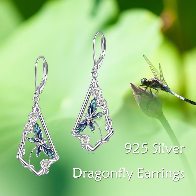 Dragonfly Earrings Sterling Silver Daisy Flower Earrings Dragonfly Leverback Earrings