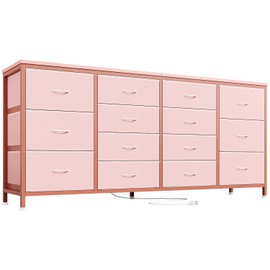 14 Drawer Dresser, 63 Inch Fabric Dresser TV Stand with Power Outlet for 65 70 75 Inch TV, Long Entertainment Center for Bedroom, Closet, Living Room, Entryway