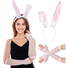 Haakong Bunny Costume Rabbit Ears Headband and Fishnet Gloves for Women Easter Party Costume Accessories (White, Medium)