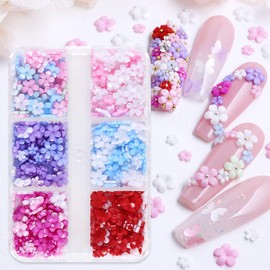 6 Grids 3D Flowers Nail Charms Mixed Sizes Resin Colorful Floral Charms for Acrylic Nails White Red Pink Blue Purple Flower Nail Supplies for Women Spring Summer DIY Nail Decorations Crafts