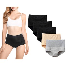 High Waist Tummy Control Panties for Women, Cotton Underwear No Muffin Top Shapewear Brief Panties (5 Pack-Black+grey+beige, Large)