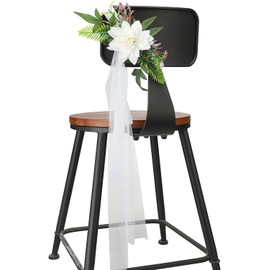 Set of 6 Wedding Aisle Pew Flowers Chair Back Flowers Artificial Dahlias with Bows Tulle for Ceremony Celebration Seat Church Bench (White)