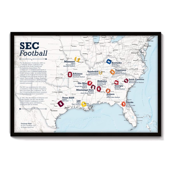 Framed College Football Stadium Map - Features SEC Teams &