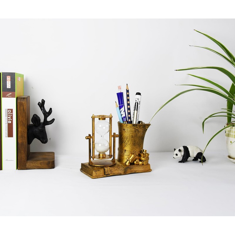 Music-Themed Pencil Holder with Hourglass, Resin Desktop Organizer for Office