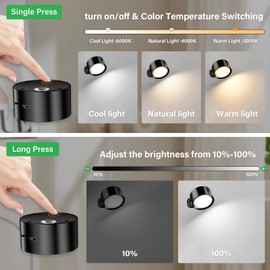 LED Wall Mounted Lights,Rechargeable Battery Operated Wall Sconce with Remote,3 Color Temperatures & Dimmable Magnetic 360° Rotation Cordless Wall Light for Bedside Reading,Bedroom,Closet,2 Pack