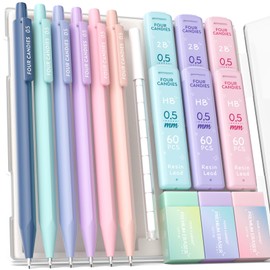 Four Candies Pastel Mechanical Pencils, Set of 6, 0.5mm, HB & 2B, Easy to Write, Middle School Students, 360 Leads with Eraser, Cute, Simple, Girls, Boys, Students, Stationery Set