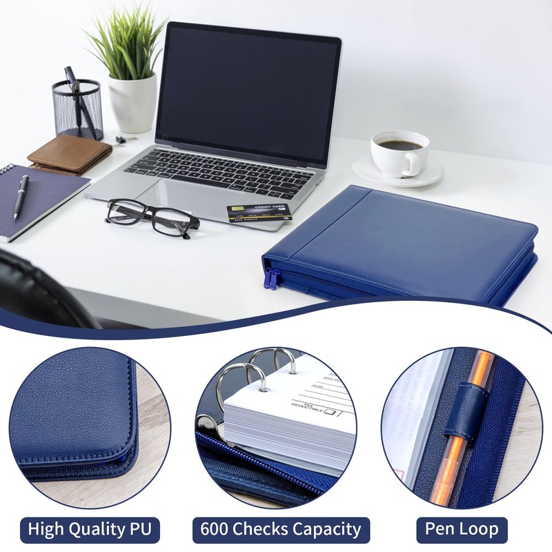 Smarpau 7 Ring PU Leather Check Binder with Zipper Pouch,