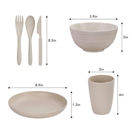 24pc Wheat Straw Dinnerware Sets for 4 Lightweight & Unbreakable Dishes Microwave & Dishwasher Safe Perfect for Camping, Picnic, RV, Dorm Plates, Cups and Bowls (Beige, 24pc)