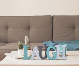 Rustic Wooden Teal Home Sign Decorative Cutout Letters Freestanding Block Word Sign Hanging Ornament Table Shelf Decor (Laugh)