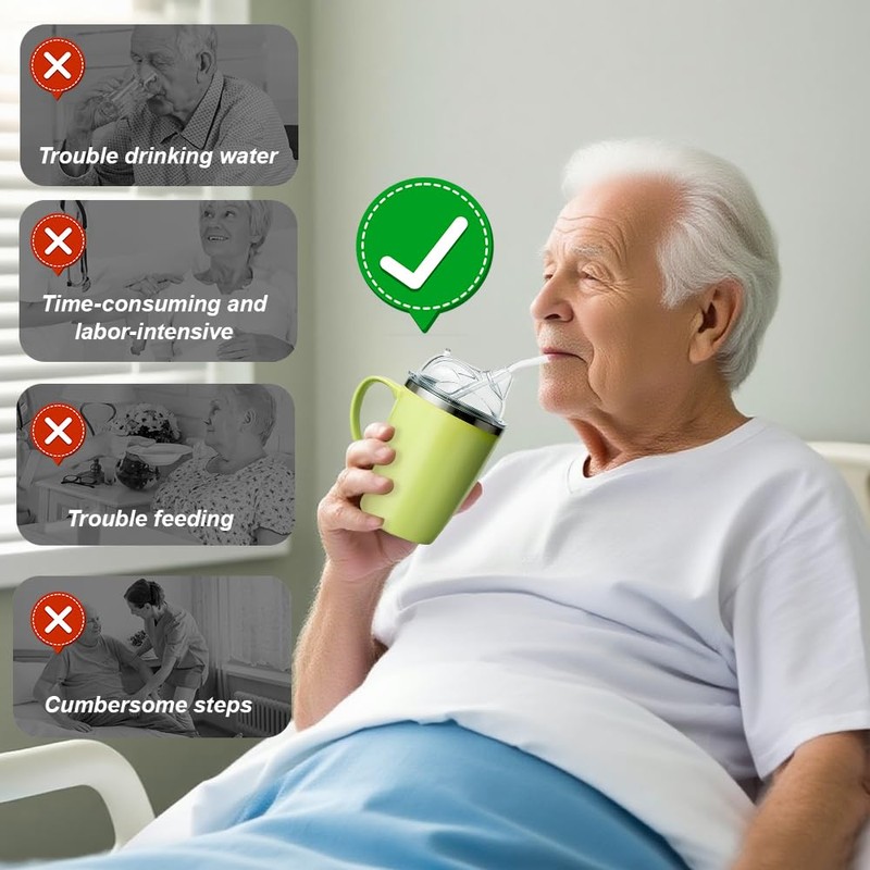 Nzkeuf Elderly Leak-Proof Straw Cup with Handle, 350ml Non-Spill Sippy
