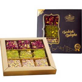 Cerez Pazari Turkish Delight Pistachio with Fantastic Rose & Pomegranate Flavour Experience in Luxury Gift Box 8.8 oz | Assorted Gourmet Soft Candy, Sweet Vegan Traditional Lokum (Loukoumi) (9-11 Pcs)