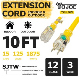 YOJOE - Cable de extensión amarillo de 10 pies, cable iluminado para exteriores de 12/3, calibre 12, 3 puntas SJTW, cable de extensión de luz navideña resistente con enchufe de 3 puntas para mayor