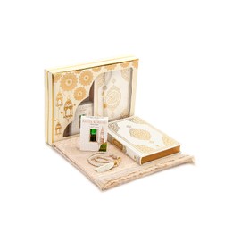 ihvan online Prayer Gift Box for Hajj and Umrah, Muslim Prayer Rug, Islamic Mat, 99 Pearly Prayer Beads Tesbih, Holy Quran, Islamic Deluxe Set for Ramadan & Eid Gift, White/Set 2