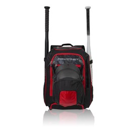 PowerNet Baseball Softball Backpack | Choose from 3 Colors Red Black Blue | Padded Helmet Carrier | Dual Bat Sleeves | Vented Cleat Compartment | Fence Hook | Hook and Loop Batting Glove Area (Red)