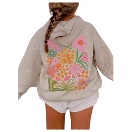RoseSeek Girl's Floral Graphic Hoodies Pullover Cute Long Sleeve Loose Hooded Sweatshirts Apricot 10Y