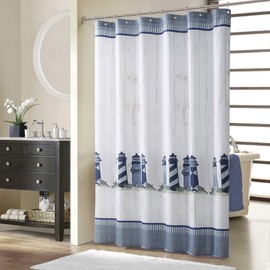 BESTRIPES Long Fabric Shower Curtain, 78 Inch Lighthouse Shower Curtains, Blue and White Nautical Shower Curtains for Bathroom, Waterproof Polyester Bathroom Curtains, 78" W x 78" H