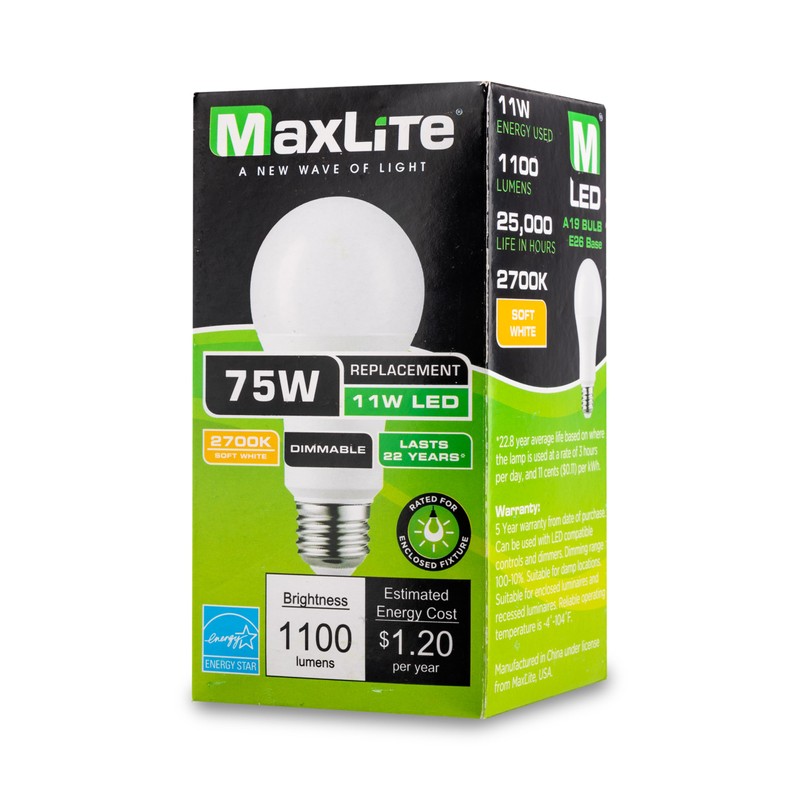 MaxLite E11A19DLED27/G8 11W LED A19 Bulb, White Finish, LED Light