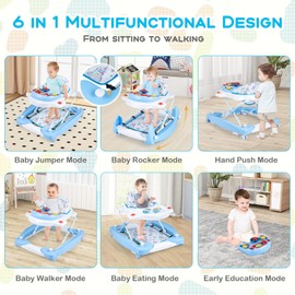 BABY JOY 6-in-1 Baby Walker, Baby Walker with Wheels, Adjustable Height, Music, Lights, Rocker Mode, Baby Activity Walker, Baby Walker and Bouncer Combo, Baby Walker for Boys Girls 6-18 Months (Blue)