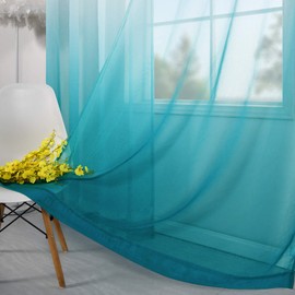 Teal Curtains 84 Inch Length for Bedroom Decor Pair Set 2 Panels Ombre Aqua Blue Turquoise Gradient Grommet Semi Drapes Transparent Window Sheer Beach Curtains for Living Room Girls Dining 52x84 Long