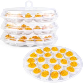 3PCS Deviled Egg Platter with Lid, 11.8in Blue Plastic Egg Keeper and Carrier with 22 Slots for Holidays Parties Home Kitchen - Color: White 3PCS