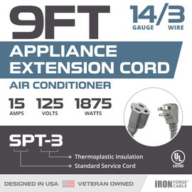 Iron Forge Cable 9 ft Appliance Extension Cord Gray 14/3 Heavy Duty - Flat Plug & Flat Cable 15 Amp 3 Prong SPT-3 for Major Home Appliances, 14 AWG