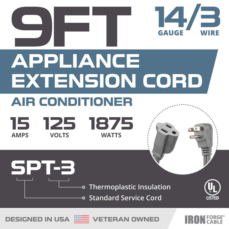 Iron Forge Cable 9 ft Appliance Extension Cord Gray 14/3