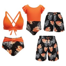 Matching Family Swimsuits Ruffle Bathing Suits Mommy and Me Swimwear Two Pieces Bikini Set, Orange, 6-8 Years