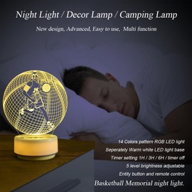 Basketball Night Light Sports Table Mood Lamp,14 Colors Pattern & Warm White Luminous Base Desk Light, Entity Key/Timer/Remote Control/Dimmable,Basketball Gifts/Birthday Gifts Toys for Boys/Men
