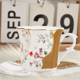 fanquare 2.5 Ounce Demitasse Cup and Saucers, 12 Pieces Ceramic Espresso Cups Set of 6, Brown Marble Pattern Espresso Mugs for Coffee Bar Home