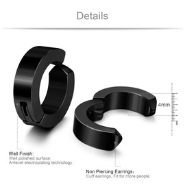 Jstyle Stainless Steel Mens Womens Clip On Earrings Hoop Huggie Non-Piercing Hypoallergenic Black