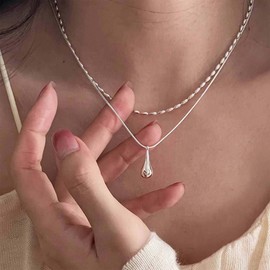 Allereya Boho Layered Teardrop Necklace Water Drop Choker Necklace Silver Rice Bead Necklace Teardrop Pendent Necklace Raindrop Chain Necklace Teardrop Urn Necklace Jewelry for Women