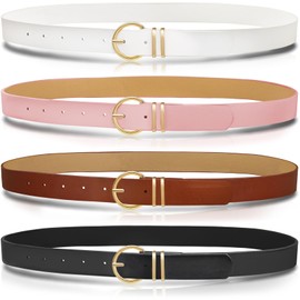 Aswitnove 4 Pack Women Leather Belt for Jeans Dresses Fashion Ladies Leather Waist Belt with Gold Buckle, Black Brown White Pink, 45",fit women waist 35-39 inches