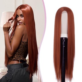 L'veetie Ginger Orange Straight Wig, Glueless Auburn Wig with Middle Part Hair, Natural Appearance Heat-Resistant Synthetic Wig for Cosplay Costume Festival Daily Use 32 Inch