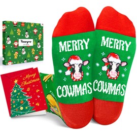 HAPPYPOP Christmas Cow Gifts for Kids - Red and Green Christmas Stocking Stuffers Xmas Socks 2-3 Years Old with Greeting Card