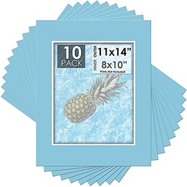 Mat Board Center, Pack of 10, 11x14 for 8x10 Deep Blue Color Mats - Acid Free, 4-ply Thickness, White Core - for Pictures, Photos, Framing