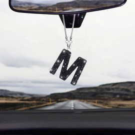 ToBeQueen Black Bling Car Mirror Hanging Accessories, Diamond Crystal Rhinestone Letter M Hanging Ornament, Cute Lucky Bling Black Car Charm for Women (Red,M)