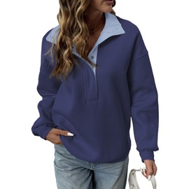 BLENCOT Sweatshirt for Women Oversized Fleece Casual Button Henley Neck Sweater Solid Cotton Pullover Long Sleeve Tops Athleisure Outfits Dirty Blue Medium