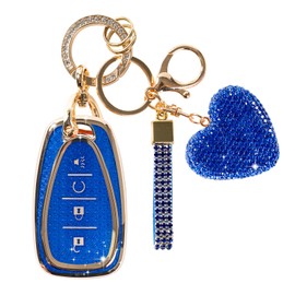 Rislobx Fit for Chevy Key Fob Cover with Diamond Keychain, Car Key Case Protector with Heart Shape Key Chain for Volt Bolt Spark Equinox Traverse Trax (4 Buttons Blue)