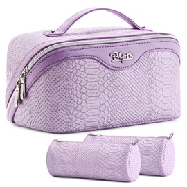 BOYATU Travel Makeup Bags for Women: 3 Pcs Set Wide Open Cosmetic Bag - Portable Make up Bags with Handle - Vegan Leather Toiletry Organizer Bag with Divider (B-01-Purple)