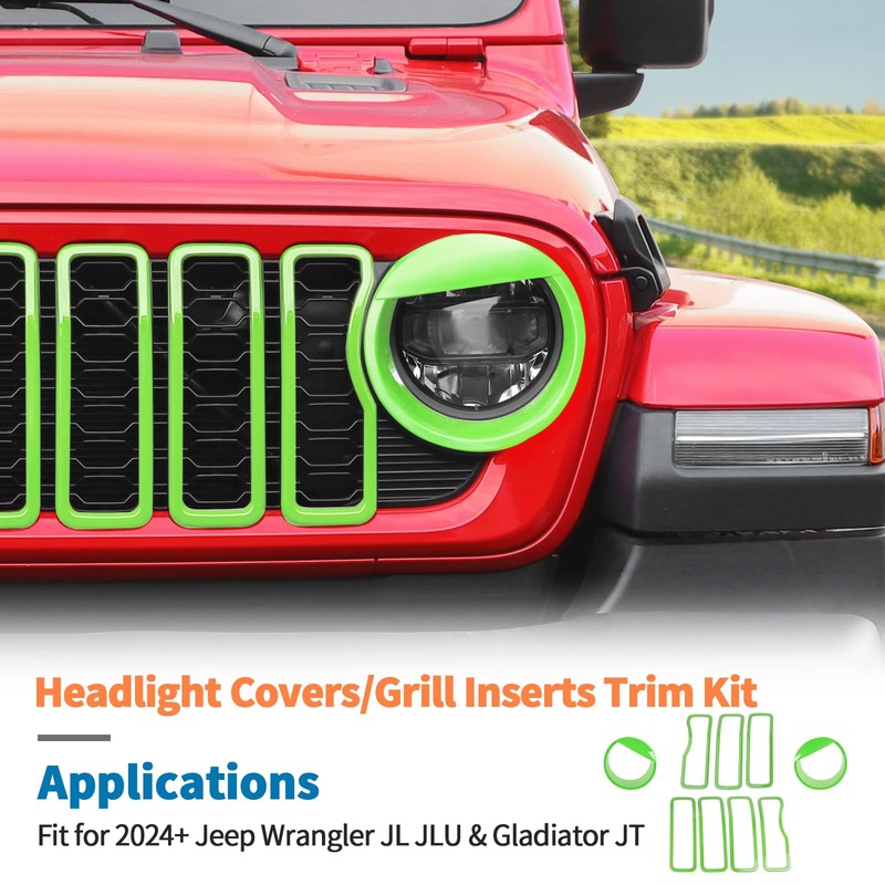 JeCar 9pcs Green Grill Inserts Headlight Covers Trim Kit for