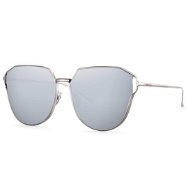 MOLSTA Retro Oversized Square Polarized Sunglasses for Women Vintage Shades Classic Large Metal Sun Glasses Mirrored Flat Lens (Silver, 60mm)