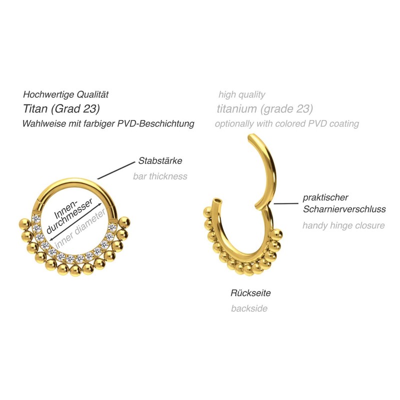PIERCINGLINE Titanium Clicker Crystals + Balls Ring Nose Septum Ear