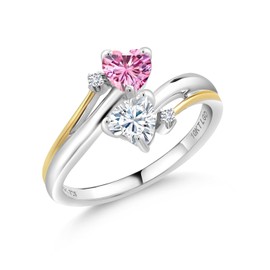 Gem Stone King 2-Heart Couple Mother Engagement Ring for Women | 925 Silver 10K Yellow Gold | 5MM Heart Gemstone Birthstone Moissanite and Lab Grown Diamond Ring | Pink Moissanite-April | 8